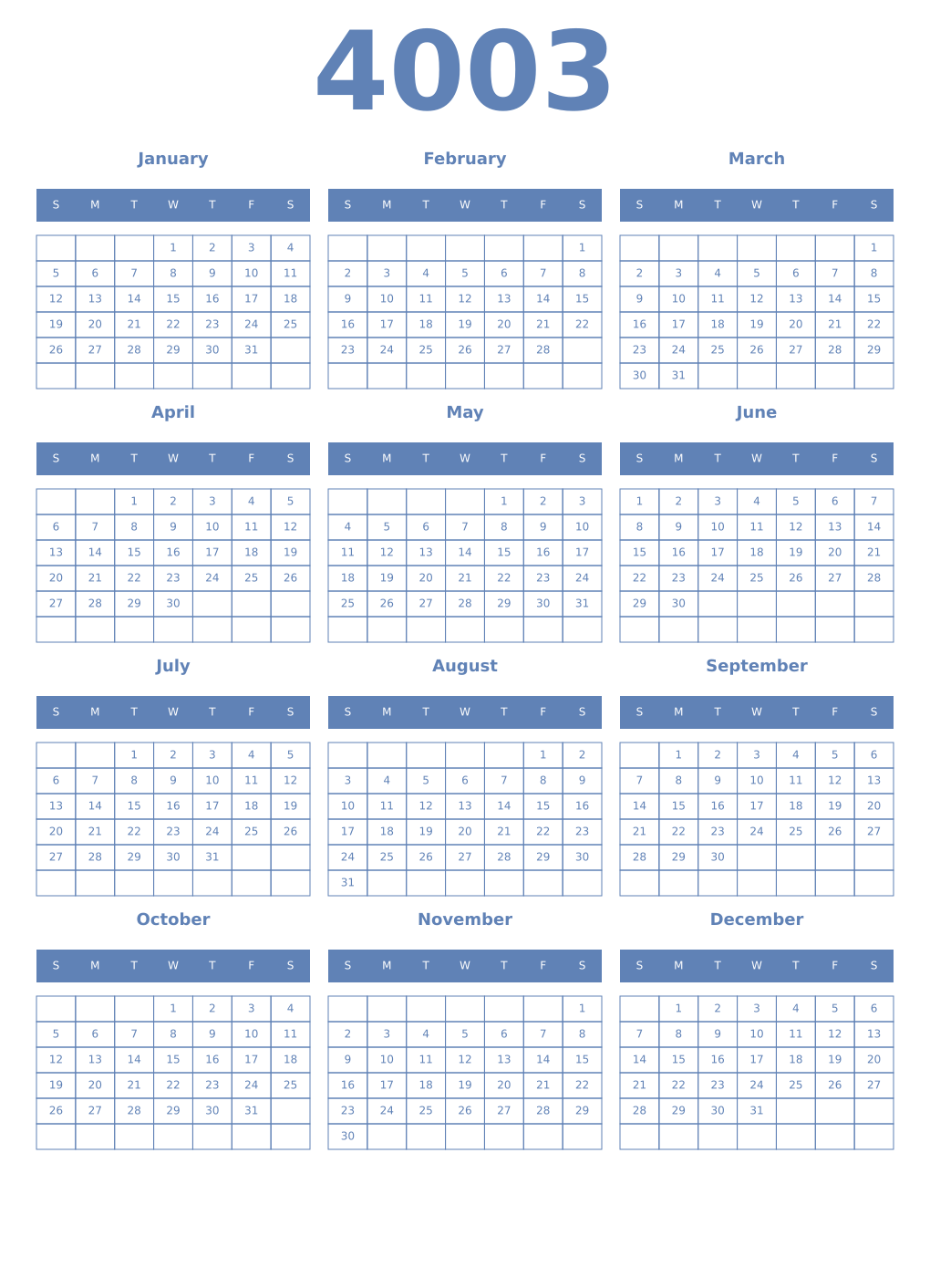 Printable 4003 Year Calendars glaucous