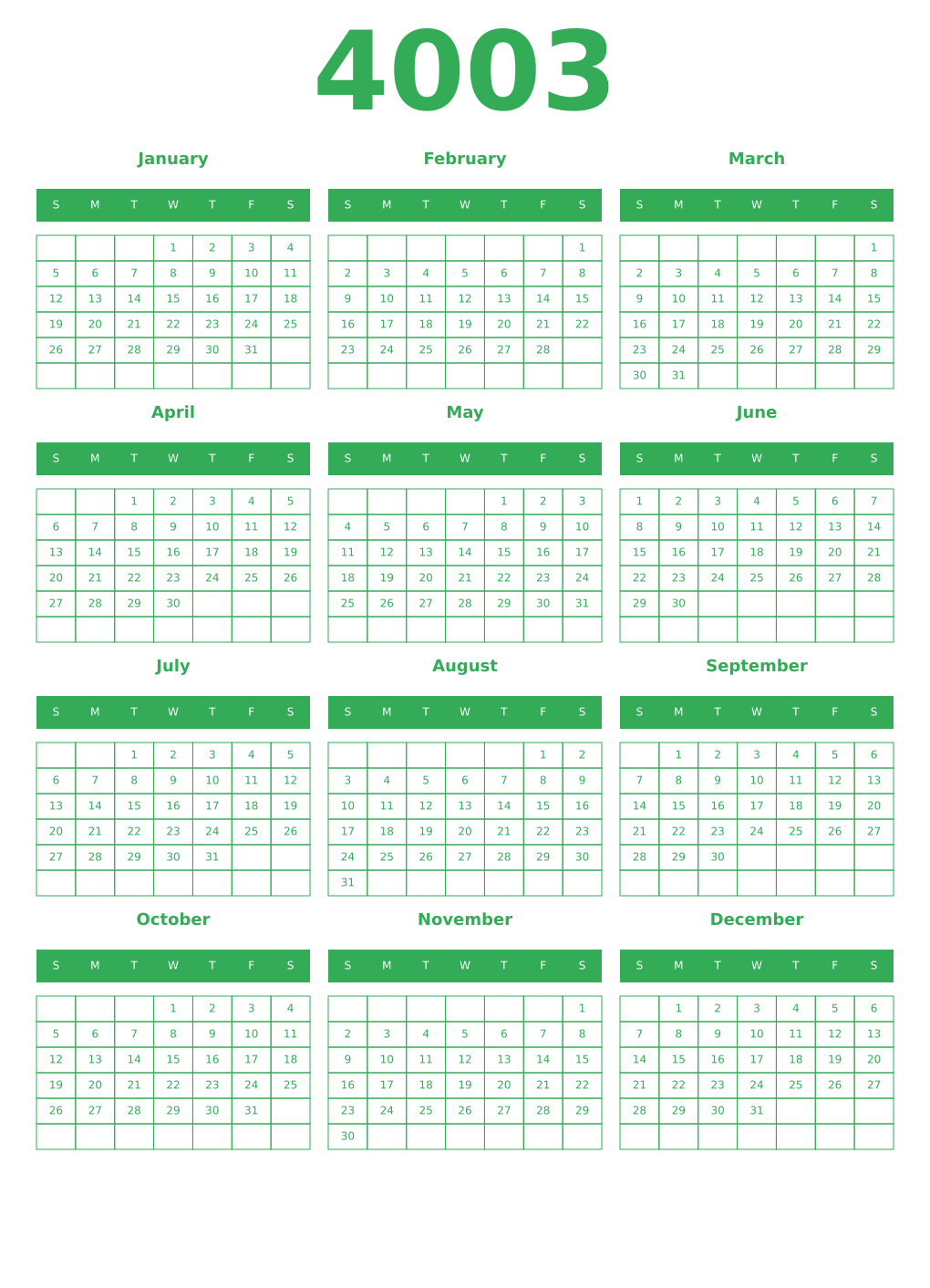 Printable 4003 Year Calendars green