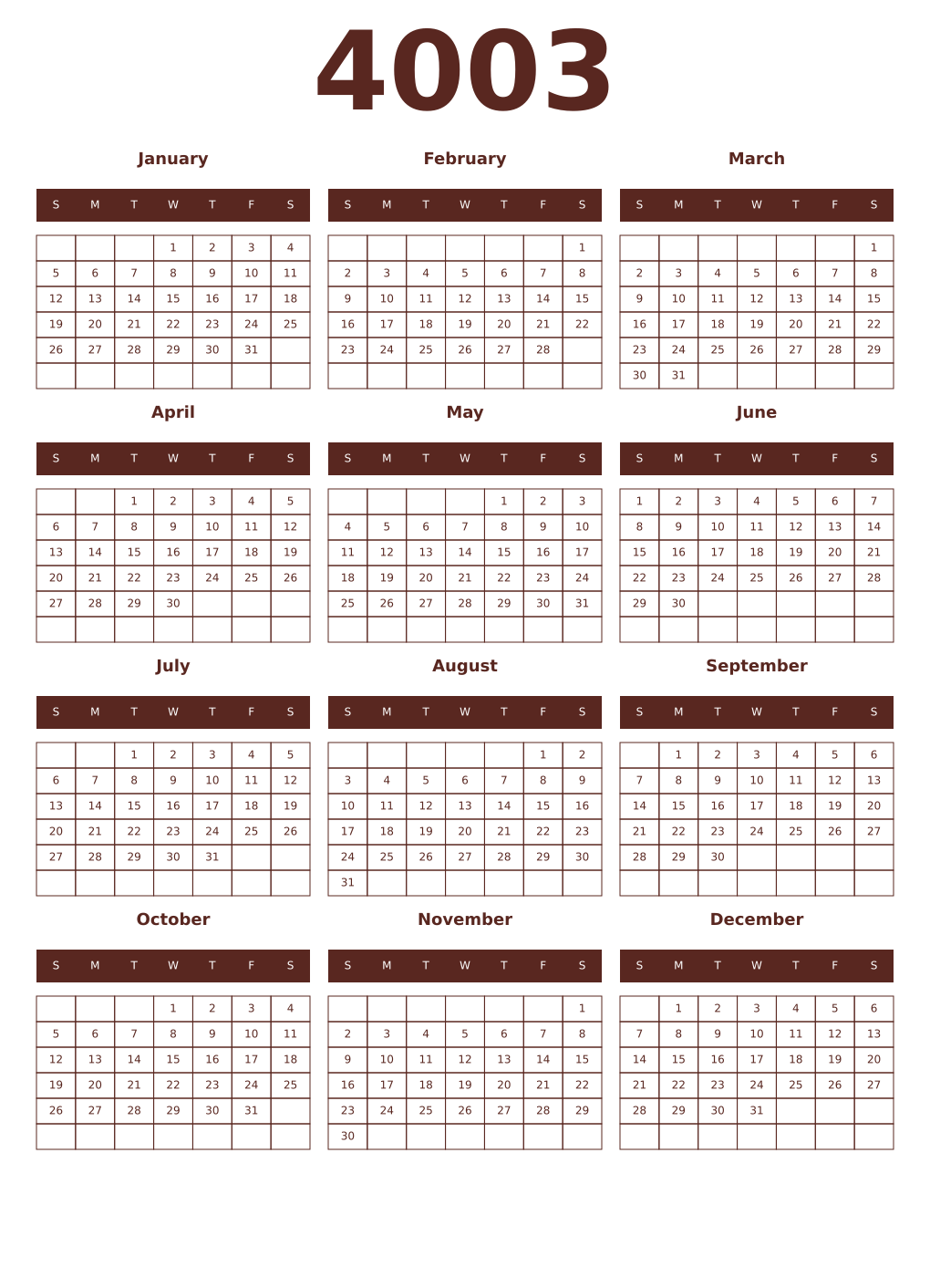 Printable 4003 Year Calendars mortuum