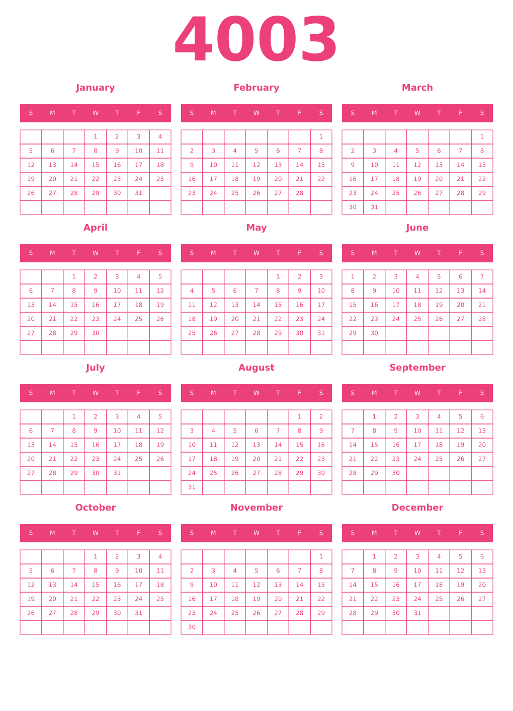 Printable 4003 Year Calendars pink