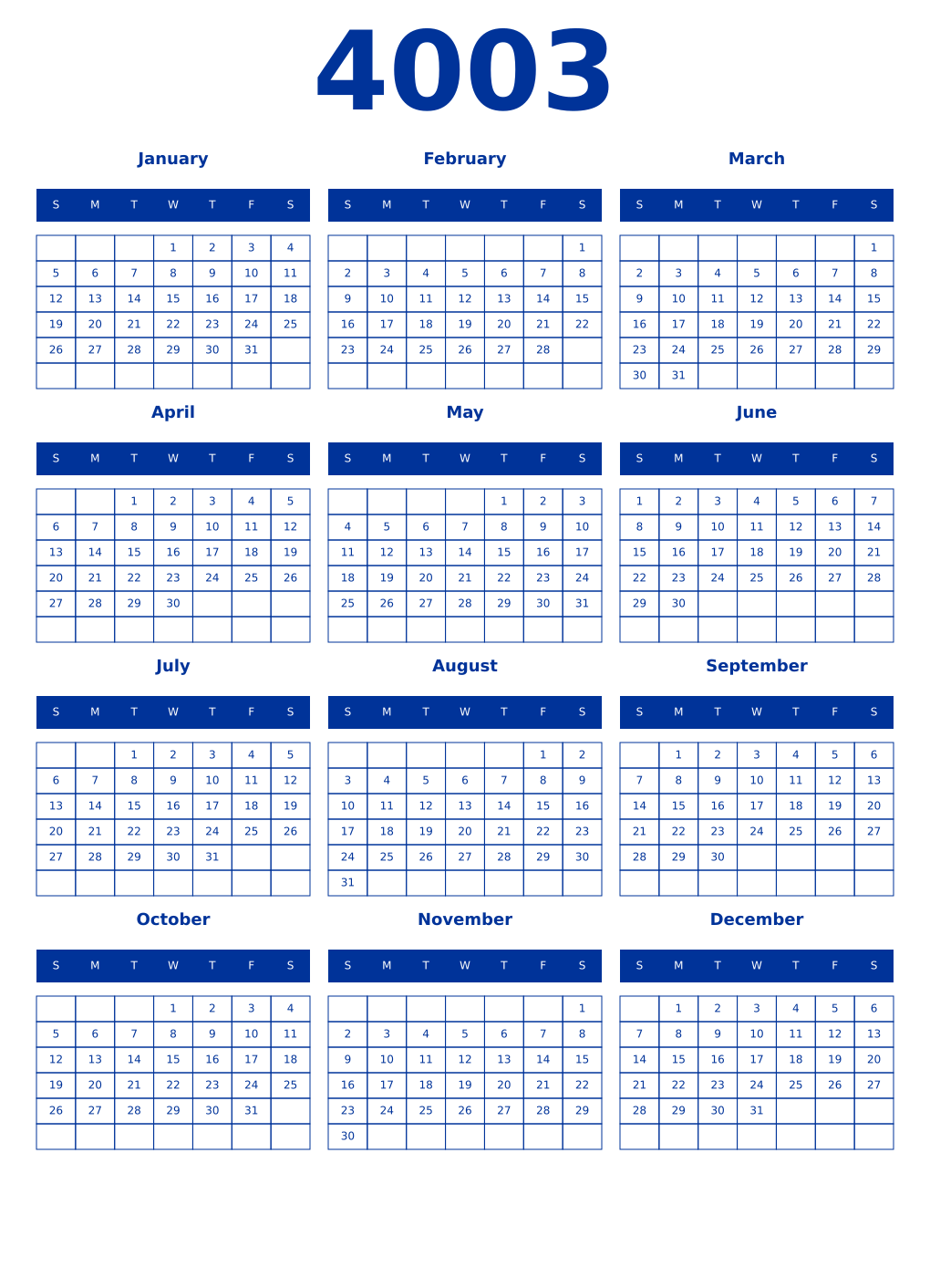 Printable 4003 Year Calendars smalt