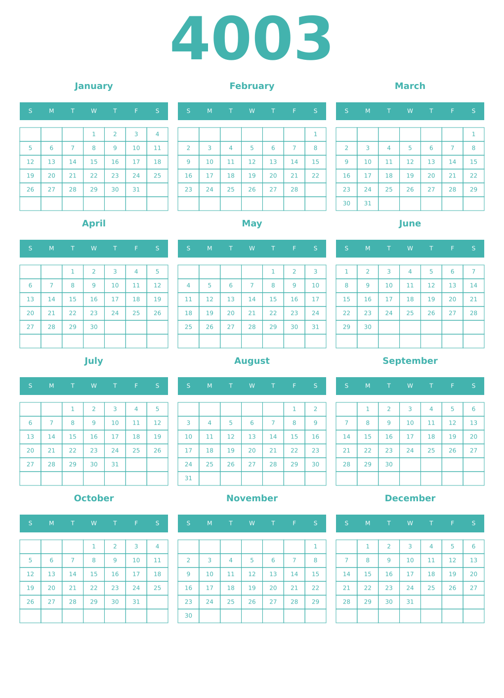 Printable 4003 Year Calendars verdigris