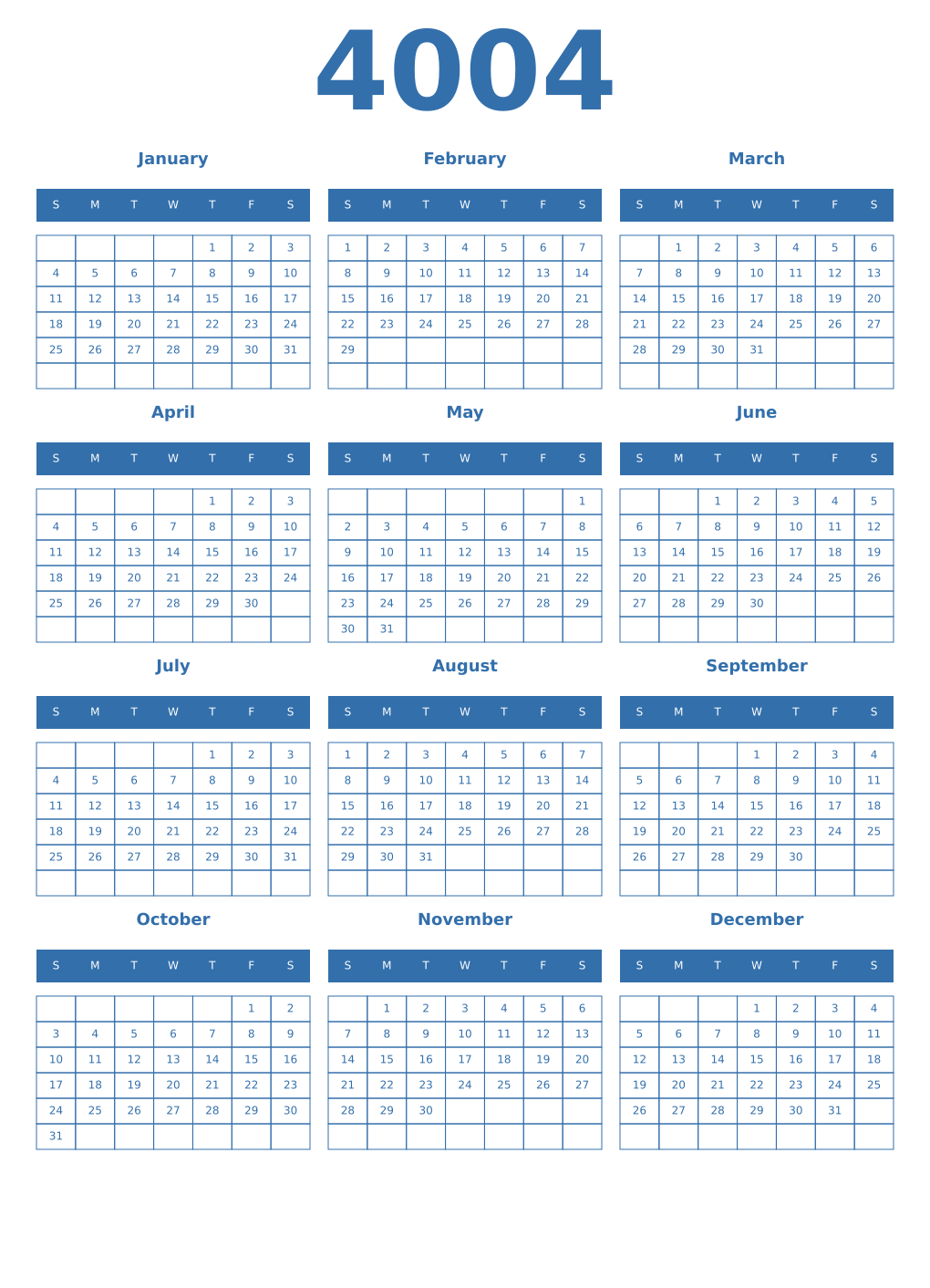 Printable 4004 Year Calendars blue