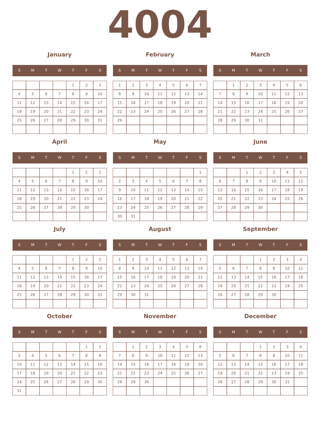 Printable 4004 Year Calendars coffe