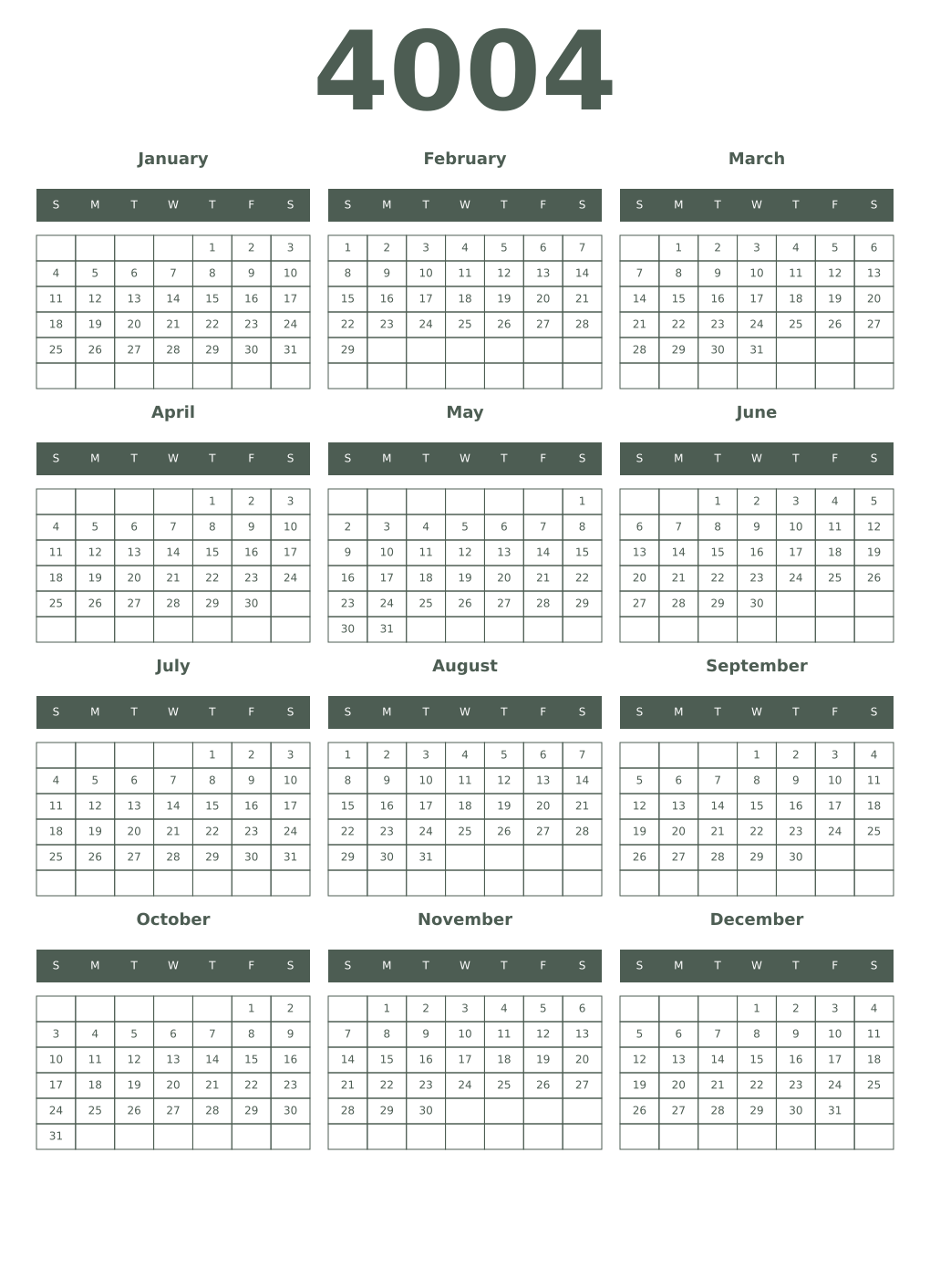 Printable 4004 Year Calendars feldgrau