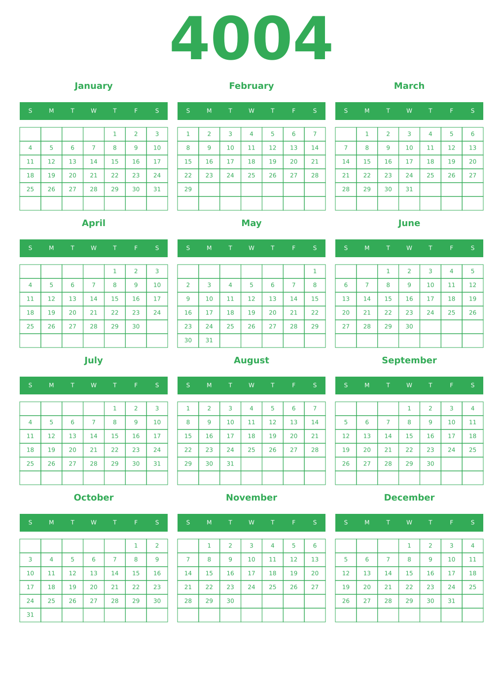 Printable 4004 Year Calendars green
