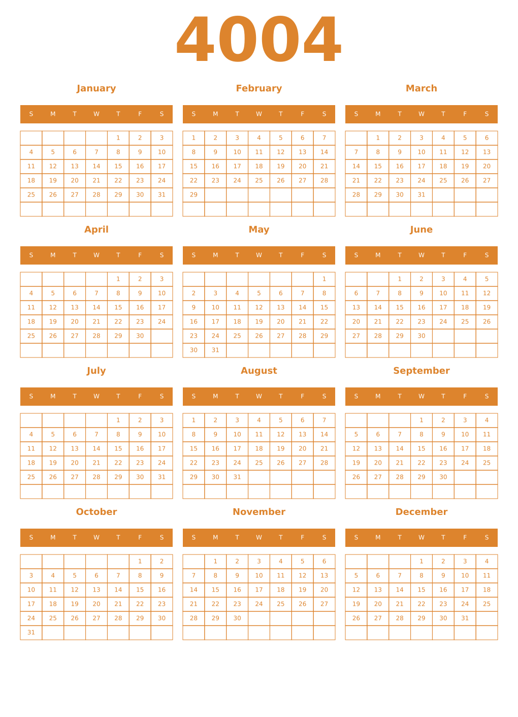Printable 4004 Year Calendars orange
