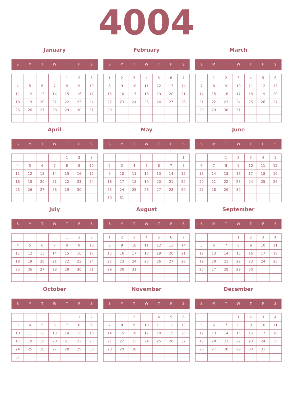 Printable 4004 Year Calendars puce