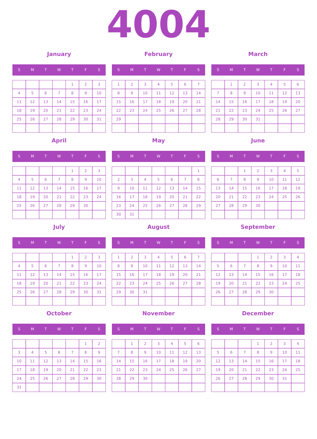 Printable 4004 Year Calendars purple