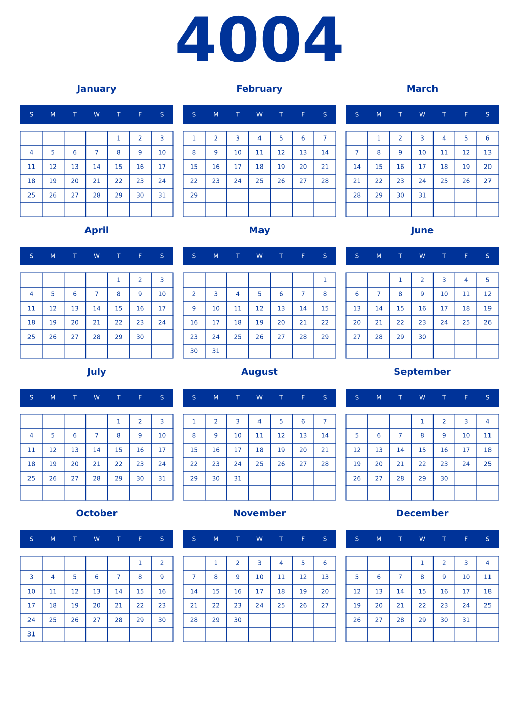 Printable 4004 Year Calendars smalt