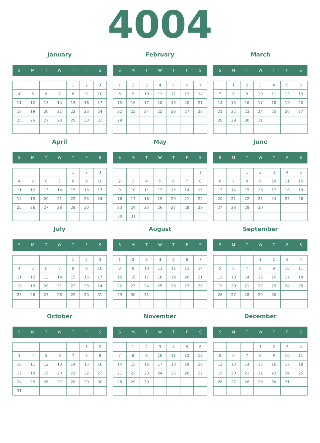 Printable 4004 Year Calendars viridian
