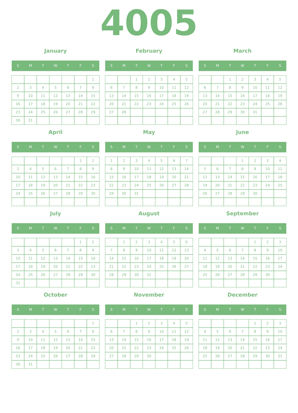 Printable 4005 Year Calendars celadon