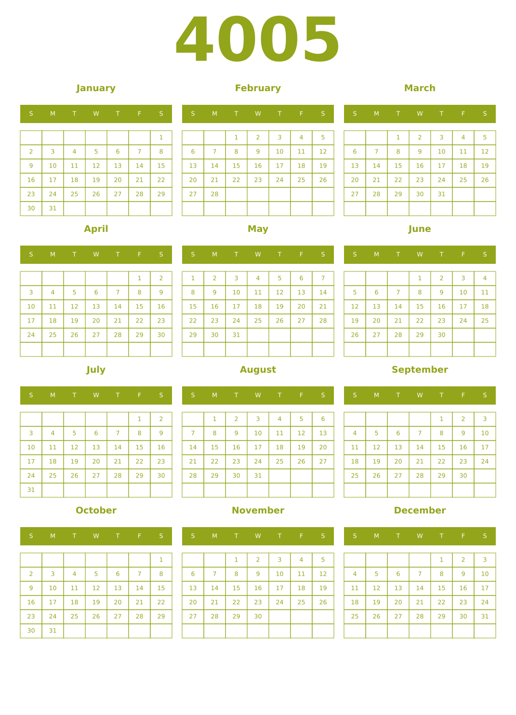Printable 4005 Year Calendars chartreuse