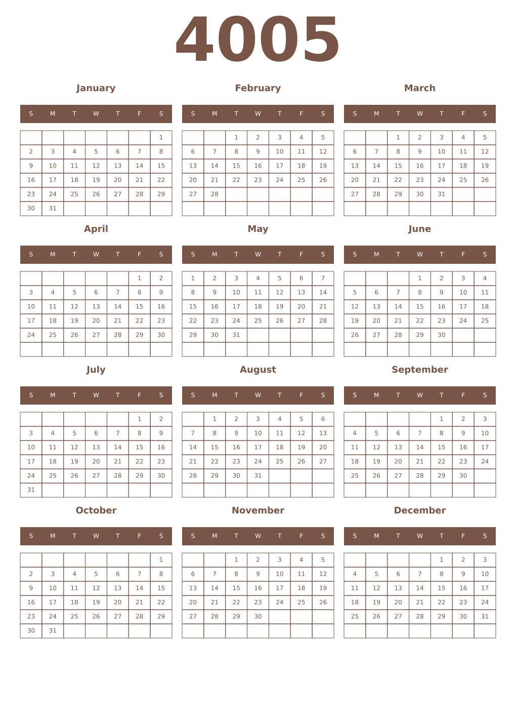 Printable 4005 Year Calendars coffe