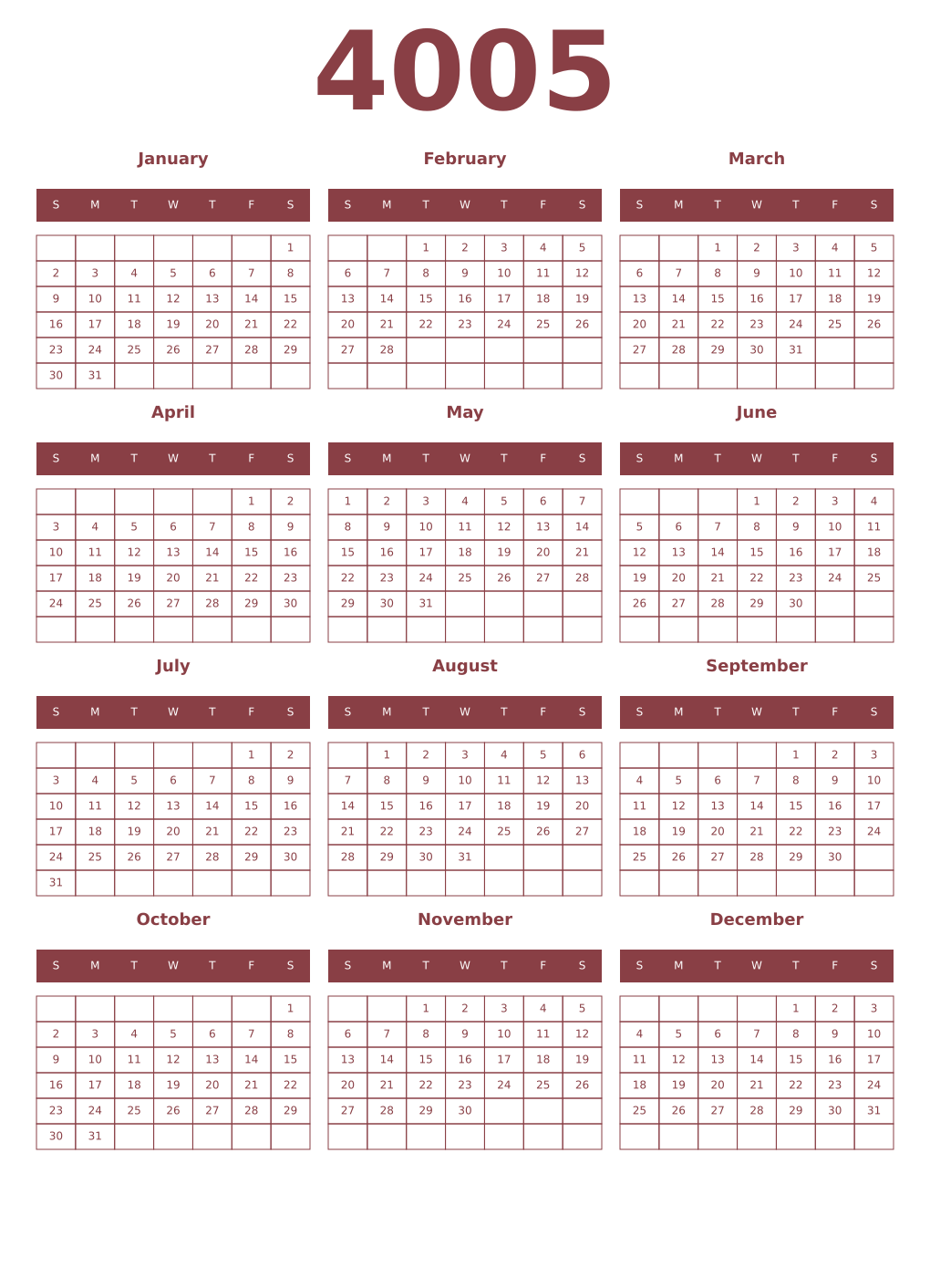 Printable 4005 Year Calendars cordovan