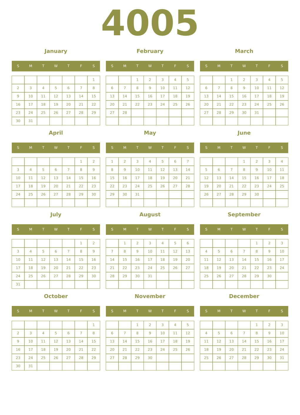 Printable 4005 Year Calendars eburnean