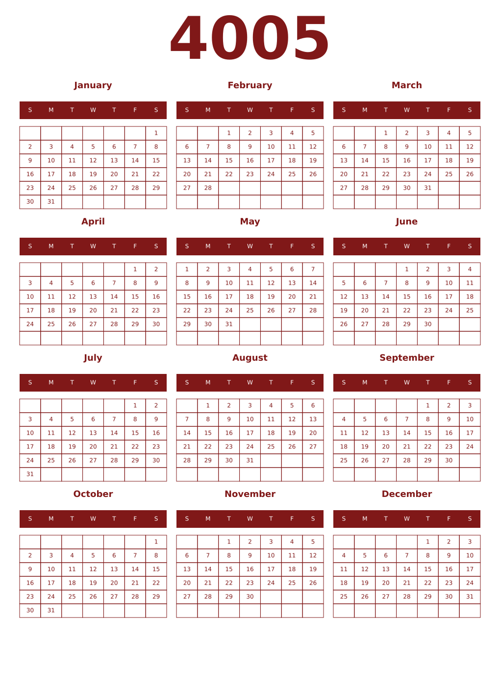 Printable 4005 Year Calendars falu