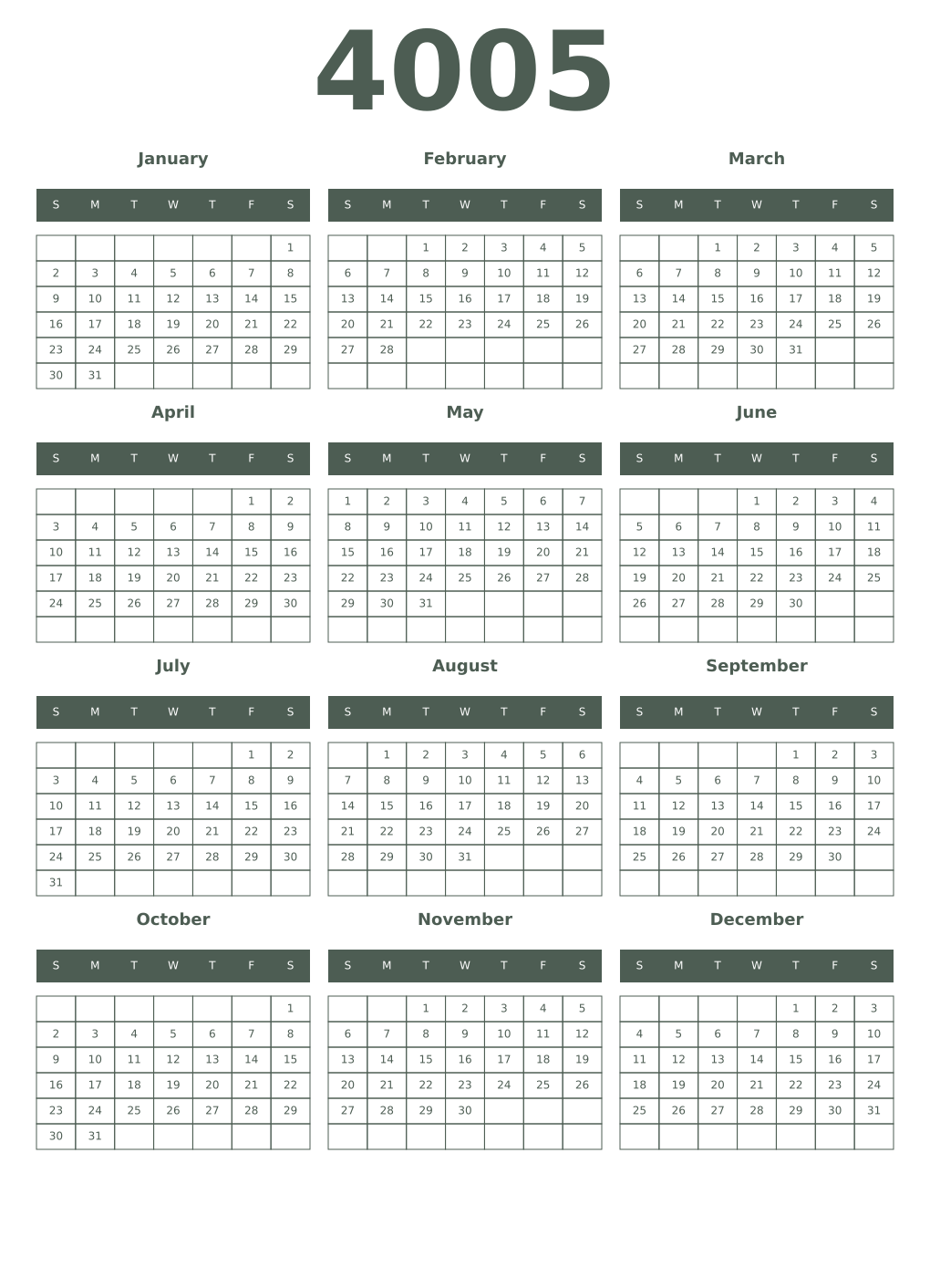 Printable 4005 Year Calendars feldgrau