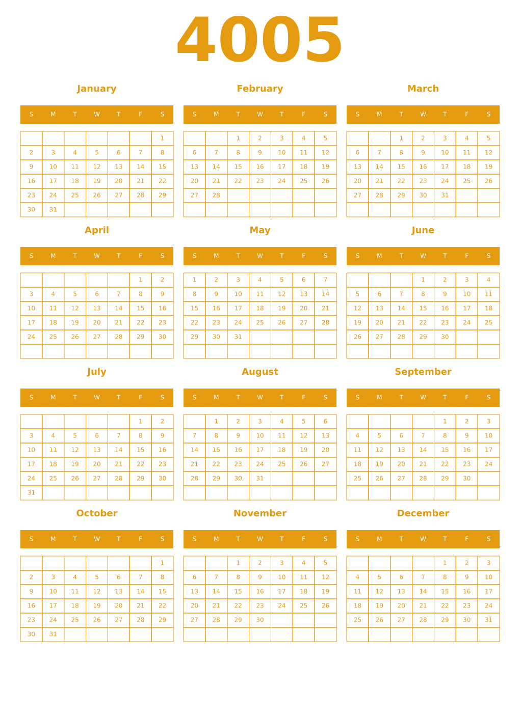 Printable 4005 Year Calendars gamboge
