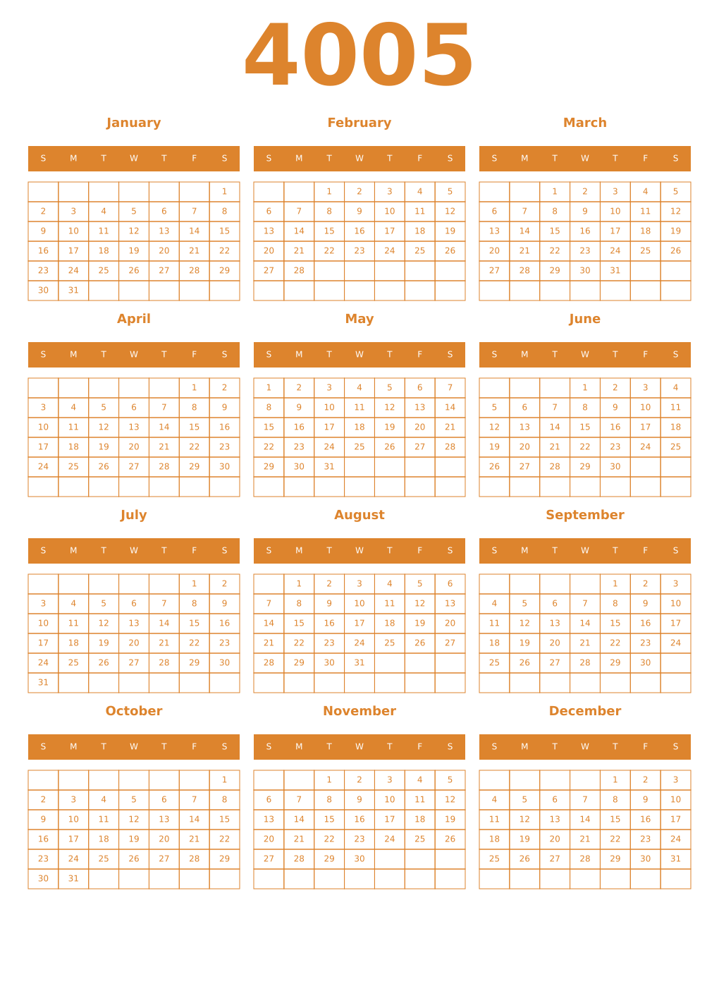 Printable 4005 Year Calendars orange