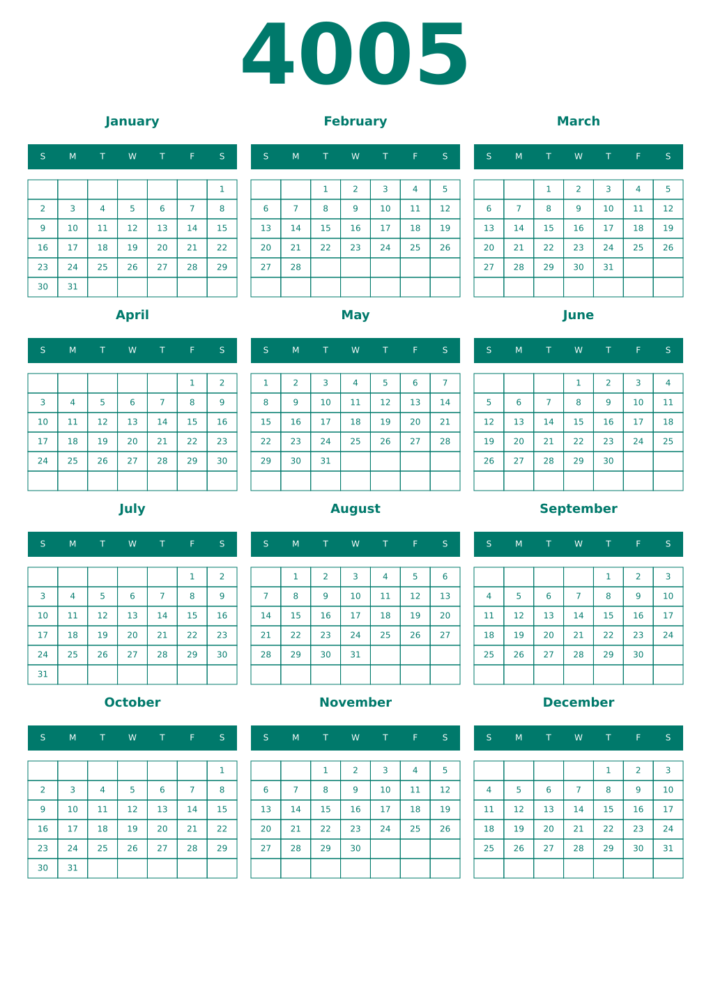 Printable 4005 Year Calendars pastel