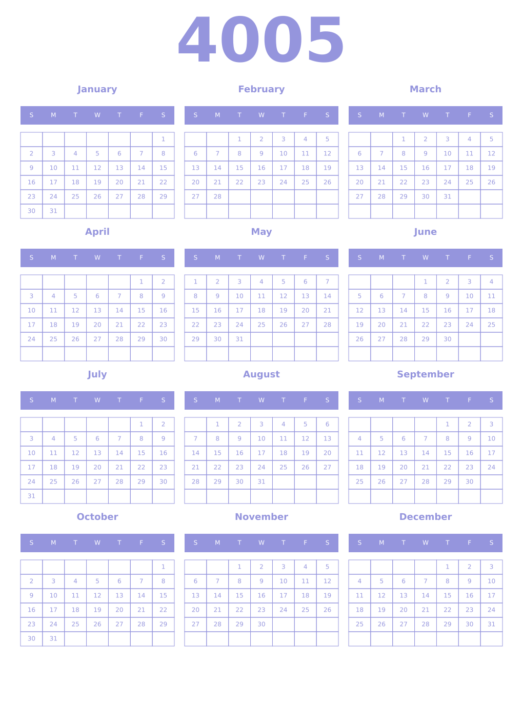 Printable 4005 Year Calendars periwinkle