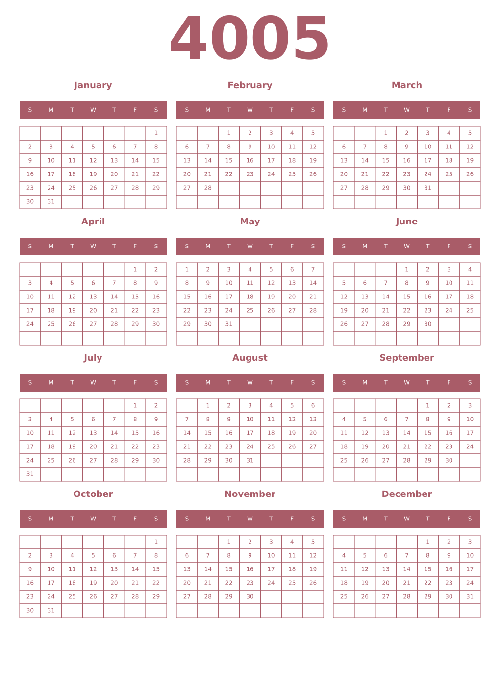 Printable 4005 Year Calendars puce