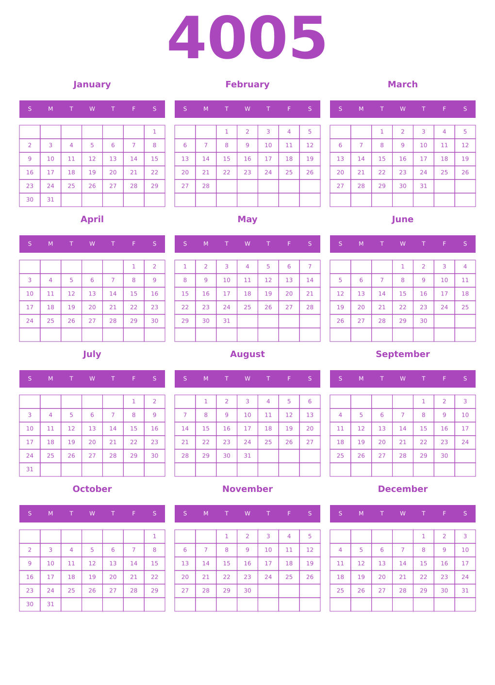 Printable 4005 Year Calendars purple