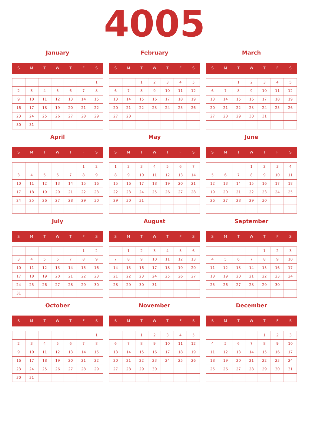 Printable 4005 Year Calendars red