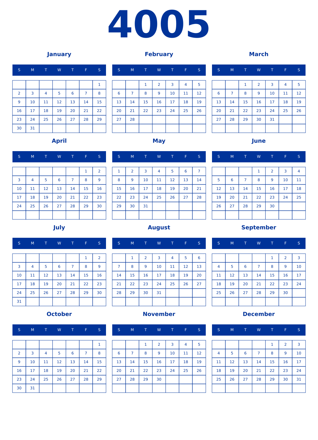 Printable 4005 Year Calendars smalt