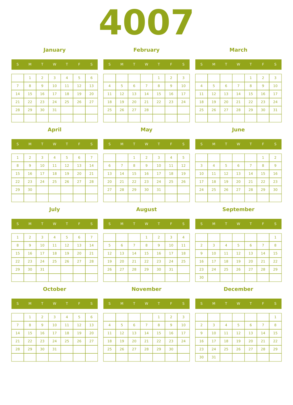 Printable 4007 Year Calendars chartreuse