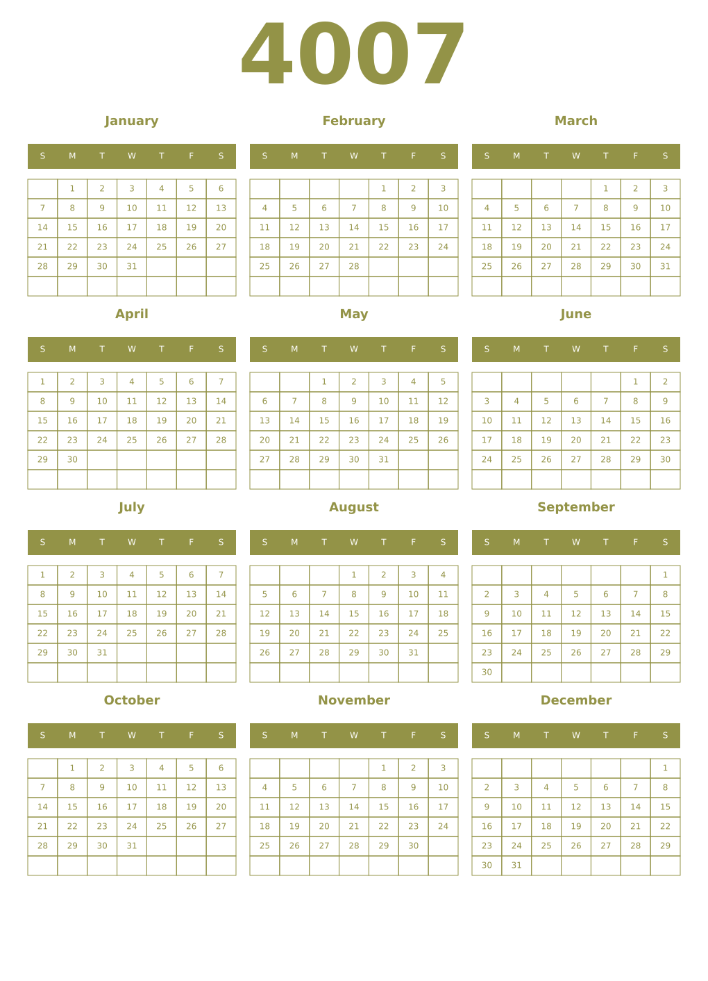Printable 4007 Year Calendars eburnean