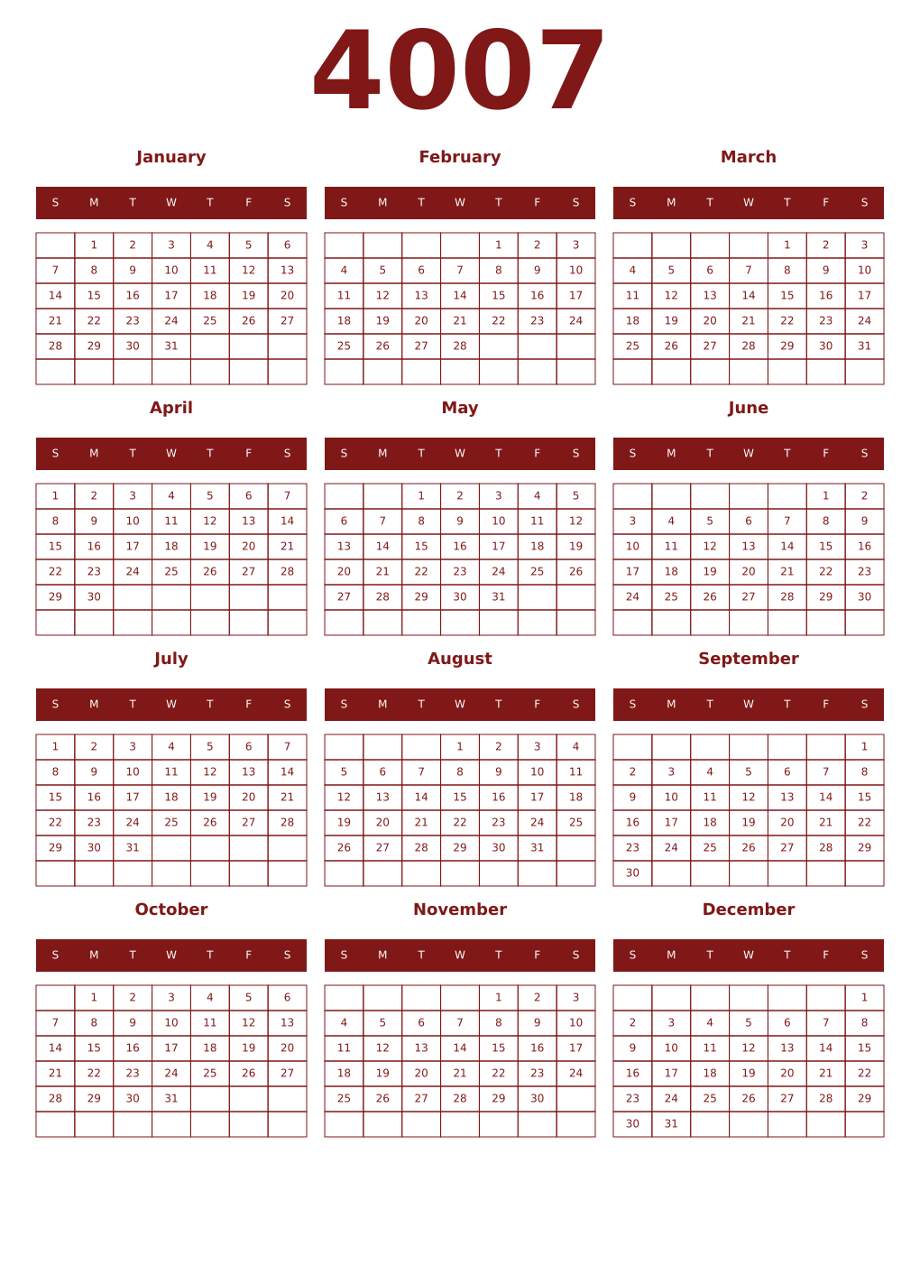 Printable 4007 Year Calendars falu