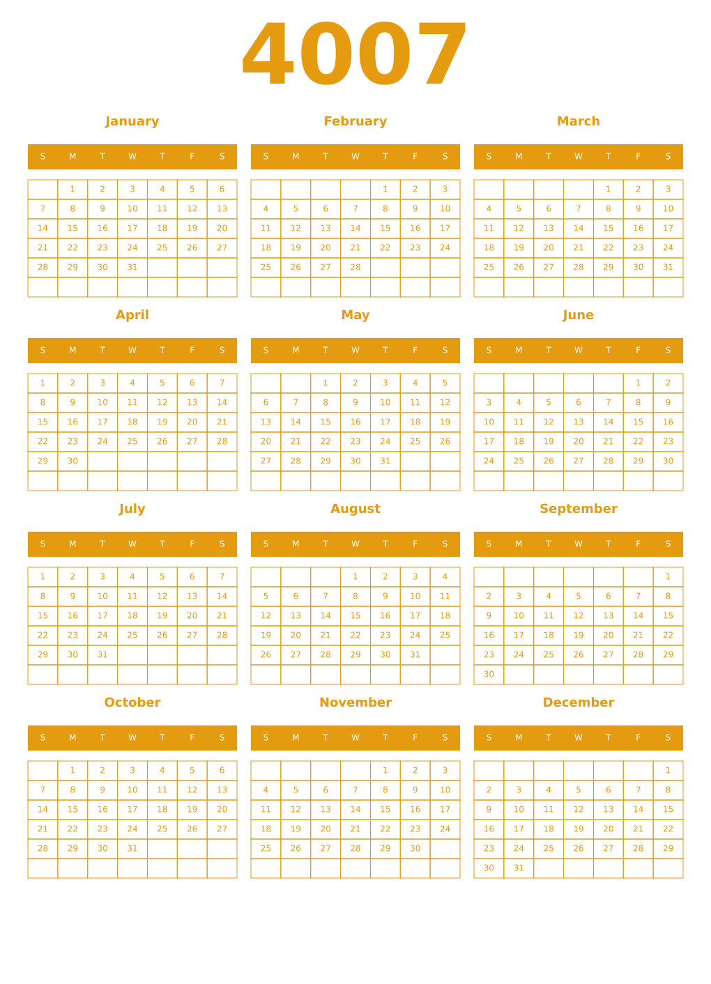 Printable 4007 Year Calendars gamboge