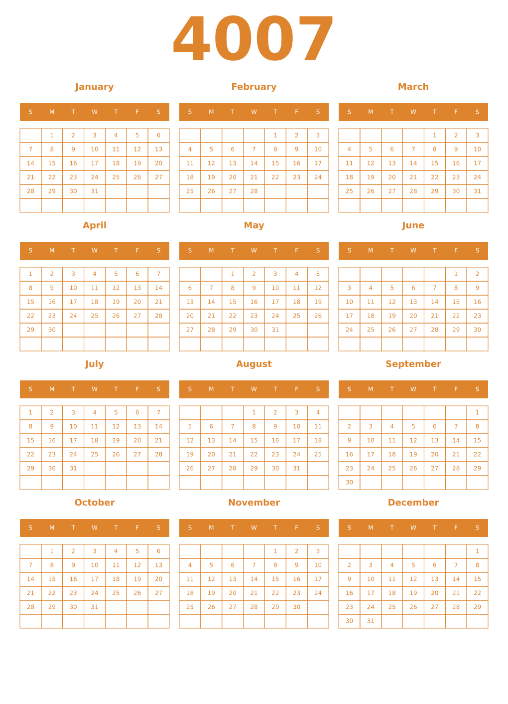 Printable 4007 Year Calendars orange