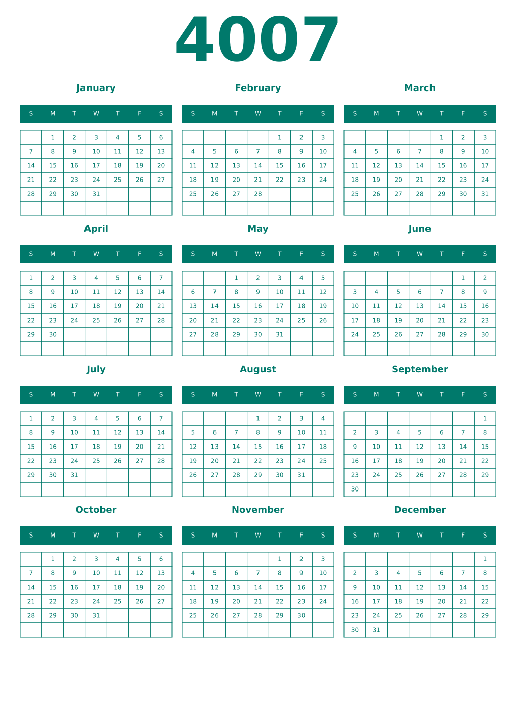 Printable 4007 Year Calendars pastel