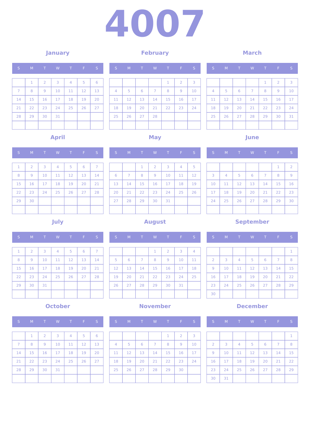 Printable 4007 Year Calendars periwinkle