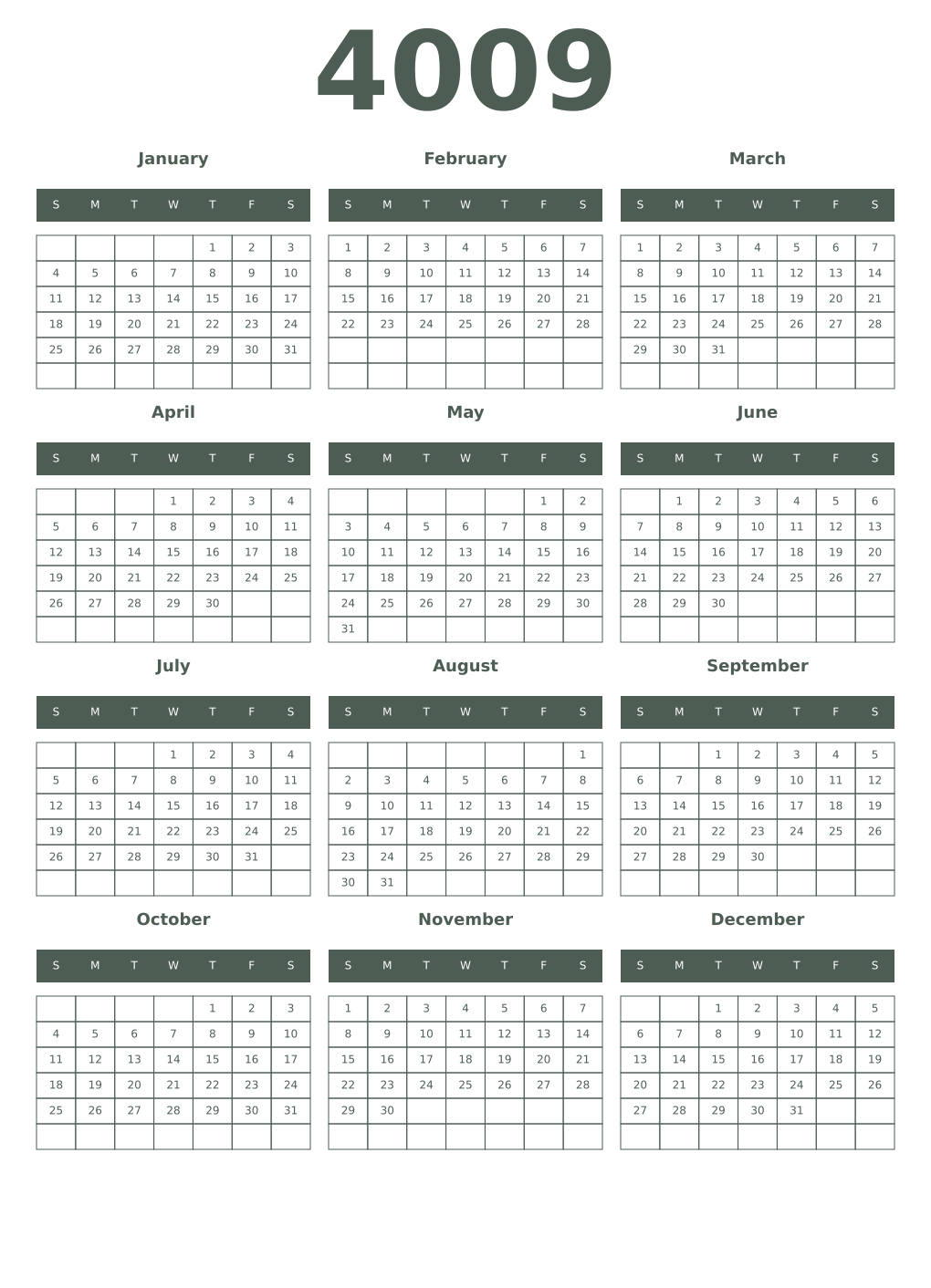 Printable 4009 Year Calendars feldgrau