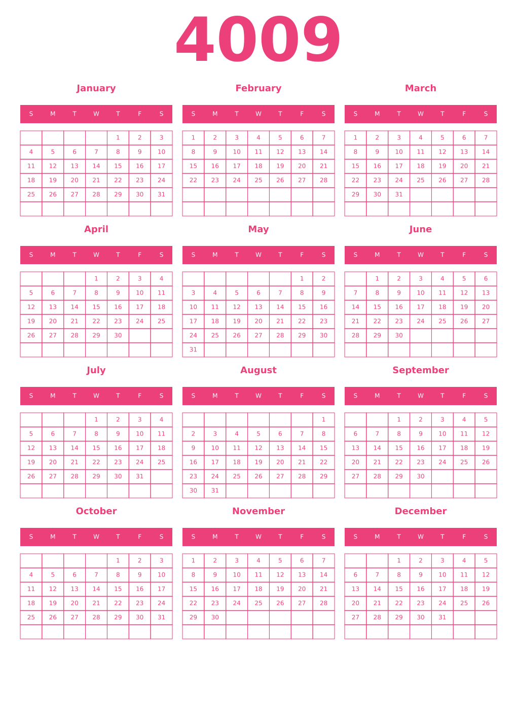 Printable 4009 Year Calendars pink