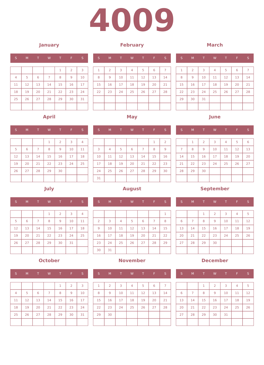 Printable 4009 Year Calendars puce
