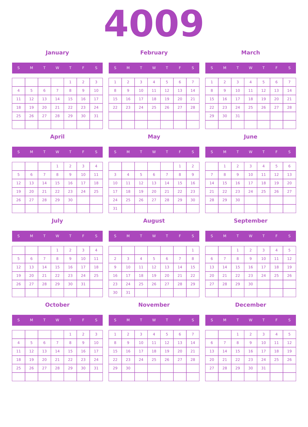 Printable 4009 Year Calendars purple