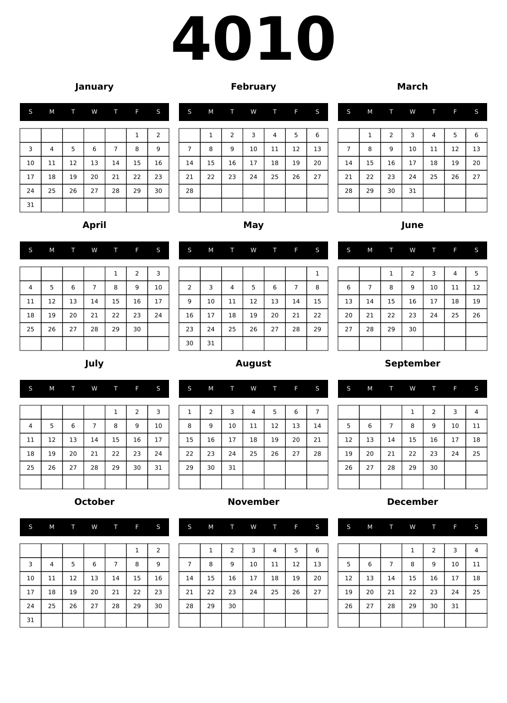 Printable 4010 Year Calendars black