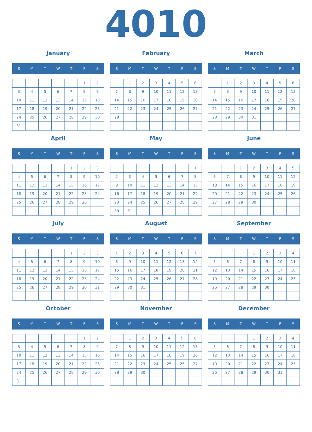 Printable 4010 Year Calendars blue