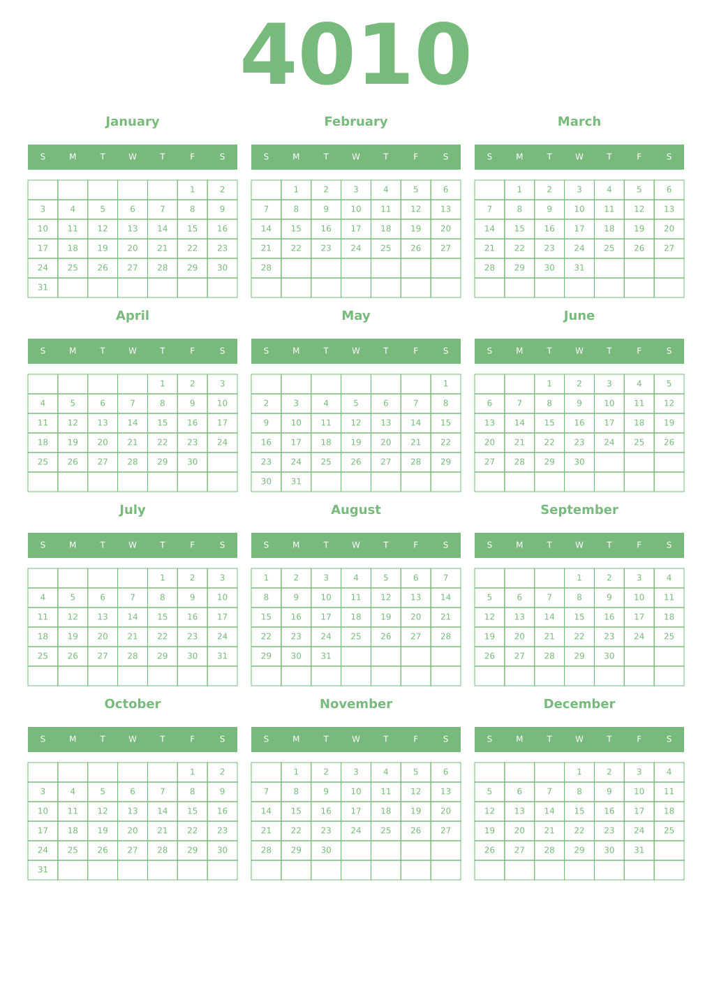 Printable 4010 Year Calendars celadon