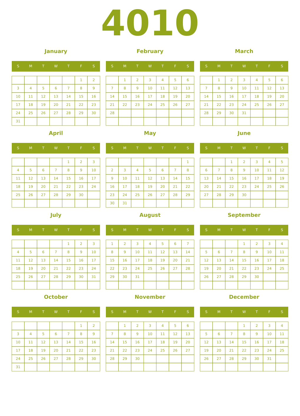Printable 4010 Year Calendars chartreuse