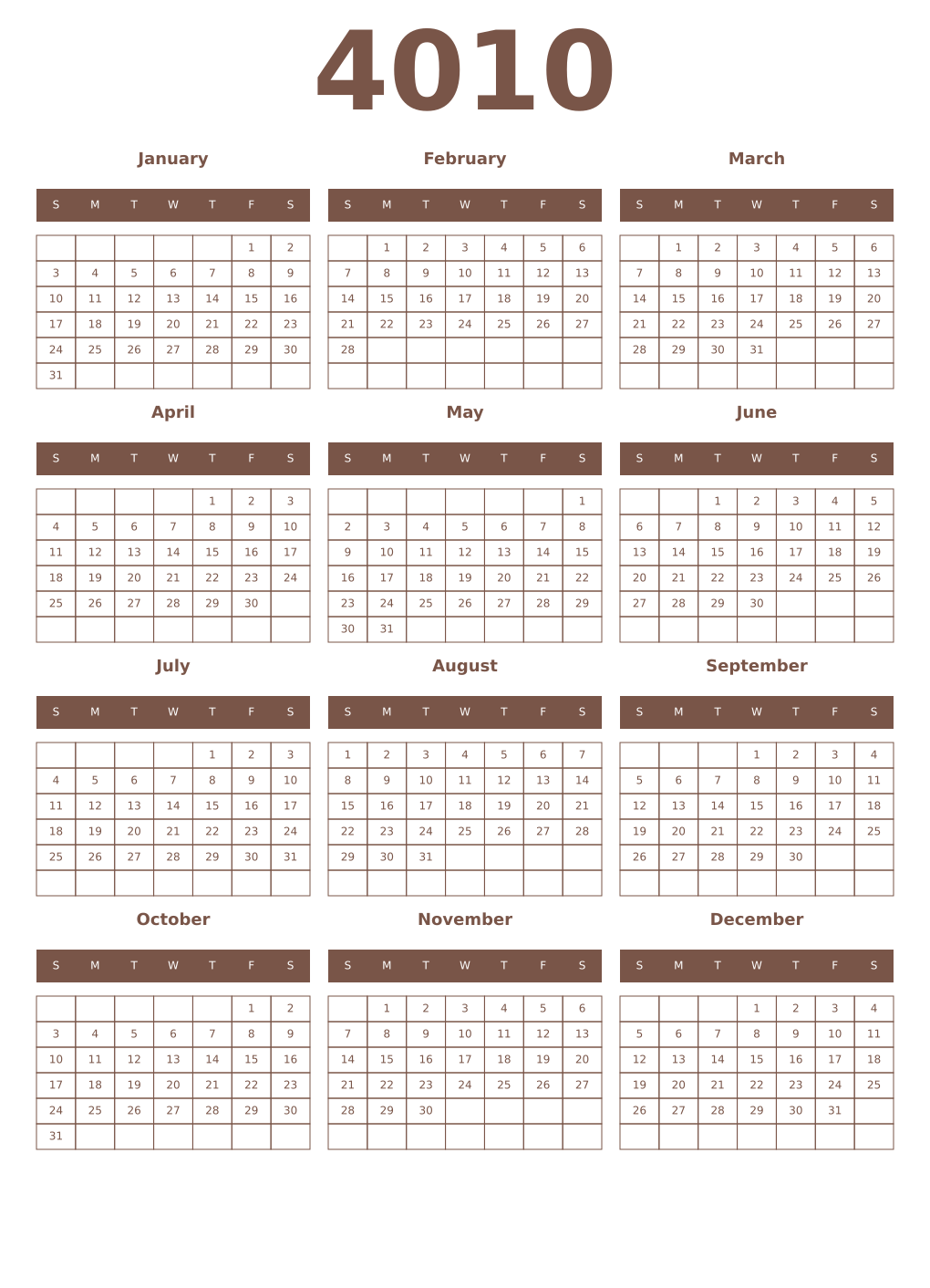 Printable 4010 Year Calendars coffe