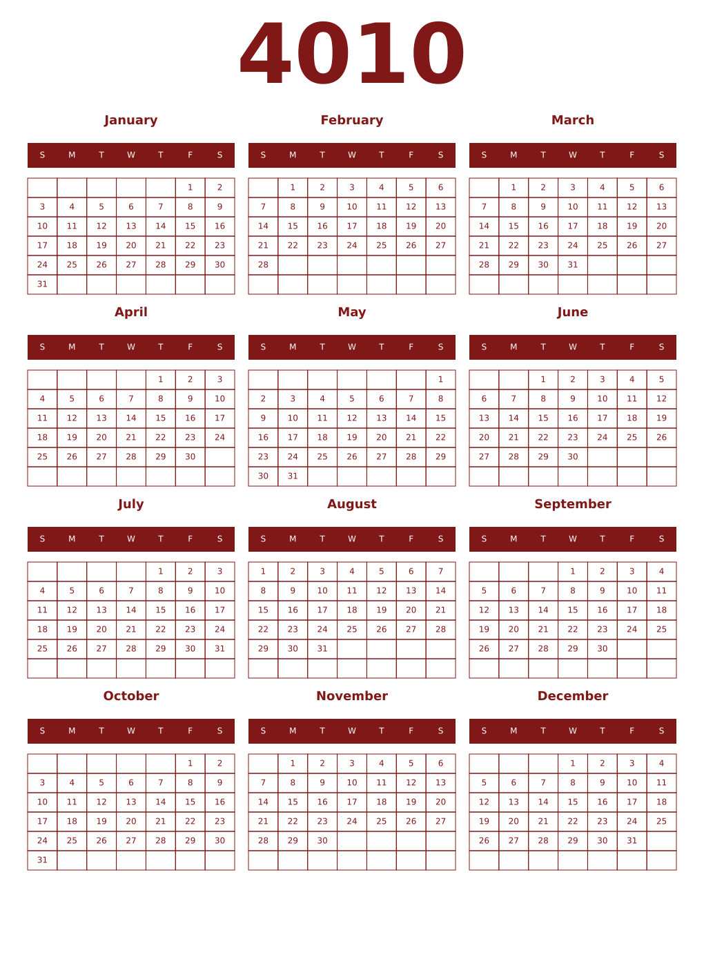 Printable 4010 Year Calendars falu