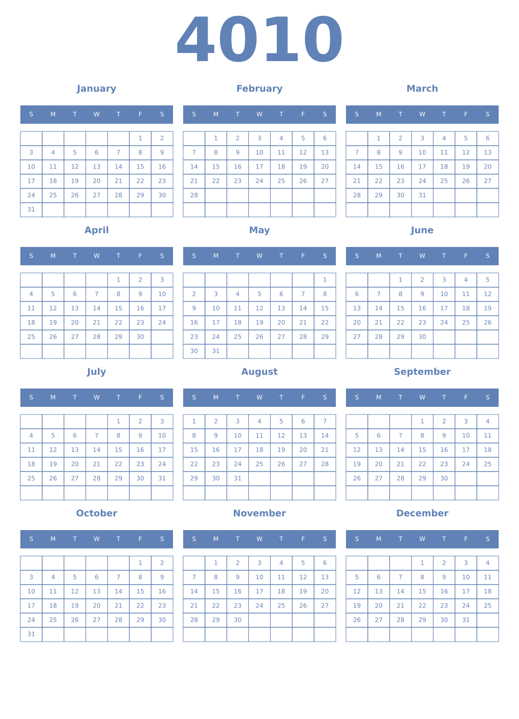 Printable 4010 Year Calendars glaucous