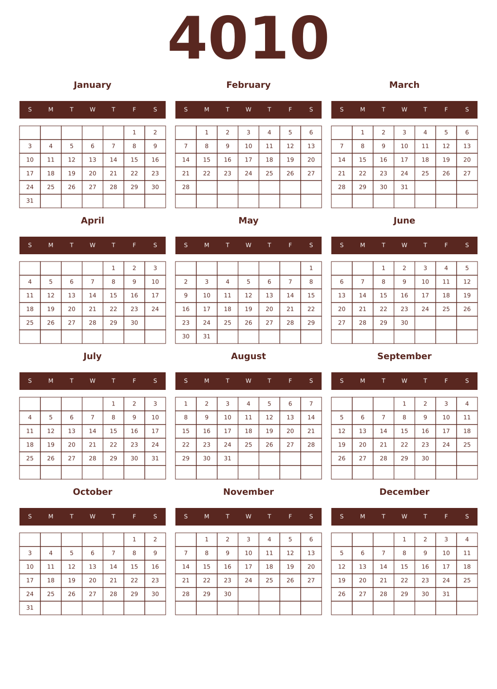 Printable 4010 Year Calendars mortuum