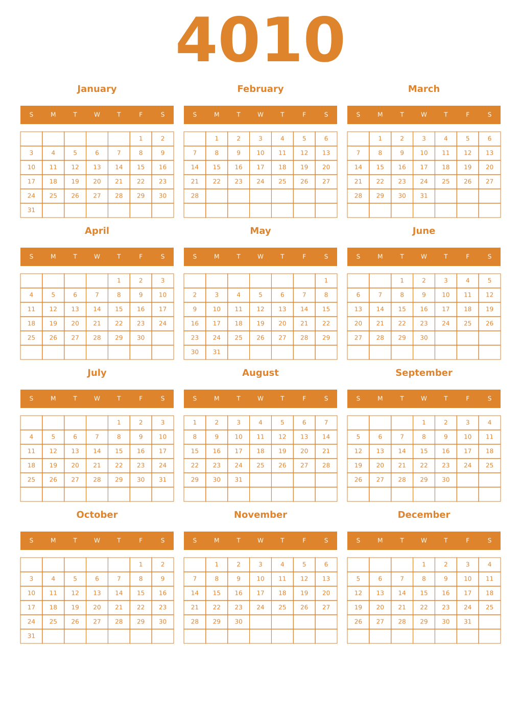 Printable 4010 Year Calendars orange
